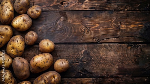 Potatoes on wooden table. Rustic tabletop with potato. Top view