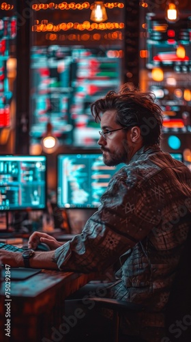 Modern Minimalist Workspace with a Cybersecurity Specialist Engaged in Hacking Activity, Surrounded by Multiple Screens and Open Terminal Windows, Concept of Cybercrime and Digital Security