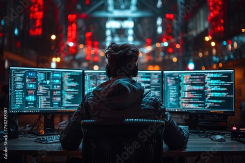 A focused hacker working in a sleek, minimalistic workspace surrounded by multiple screens displaying open terminal windows, emphasizing cybersecurity and digital technology concept