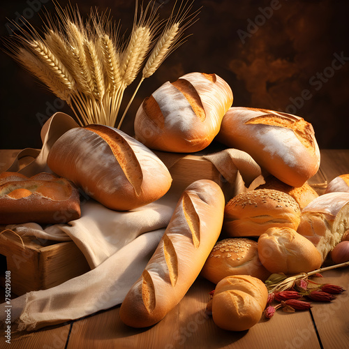 Inviting Display of Freshly Baked Artisanal Bread on Rustic Wooden Table