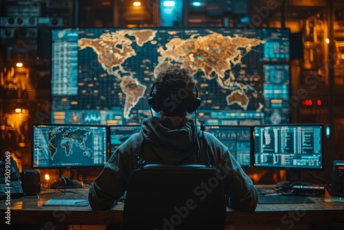 Detailed Visualization of a Hacker's Lair, Featuring a Real-Time Digital World Map Displaying Cyber-Attacks, Illustrating the Concept of Cybersecurity Threats Monitoring