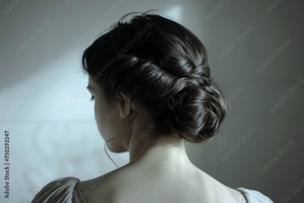 Ethereal Figure with Glowing Skin and Elegant Shadow Play, Featuring a Sophisticated Updo Hairstyle in a Minimalist Composition Concept