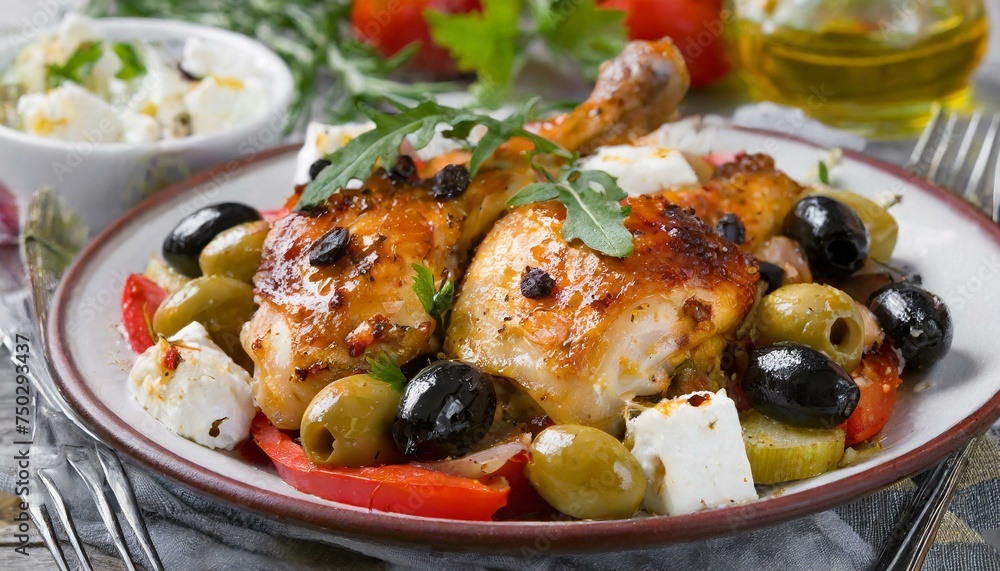 baked chicken thighs with veggies, olives, feta - obrazy, fototapety, plakaty 