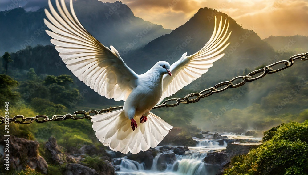 beautiful peace white dove flying to get released out of a chain