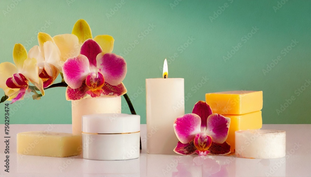 beautiful setup or orchid flowers and soap bars with candle for cosmetics and face wash natural
