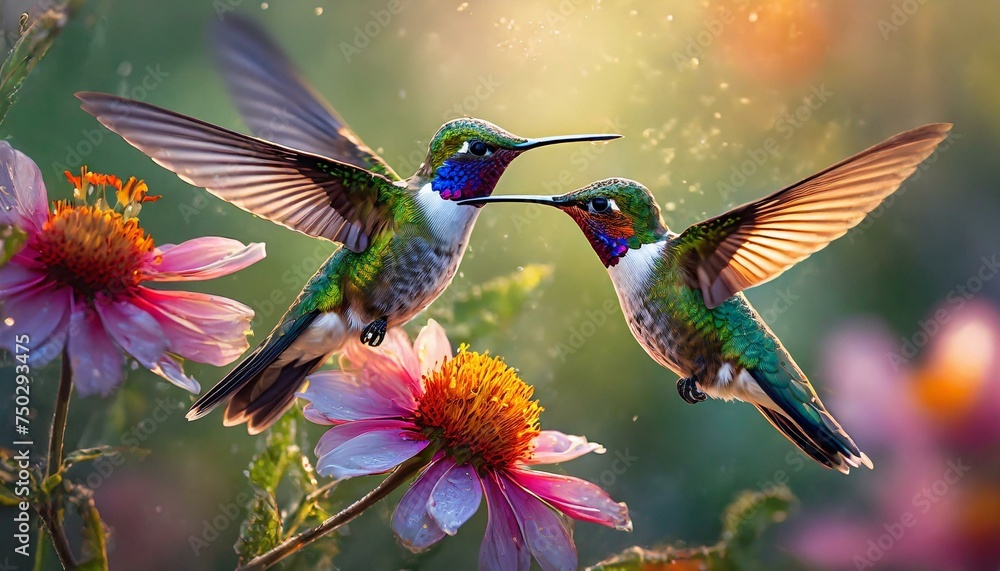 beautiful vibrant colored humming birds flying and loving on a flower nectar 