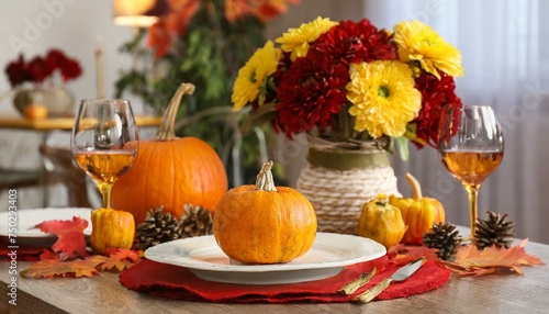 Autumn table setting with flowers and pumpkins in dining room