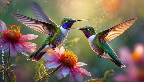 beautiful vibrant colored humming birds flying and loving on a flower nectar  © MAWLOUD