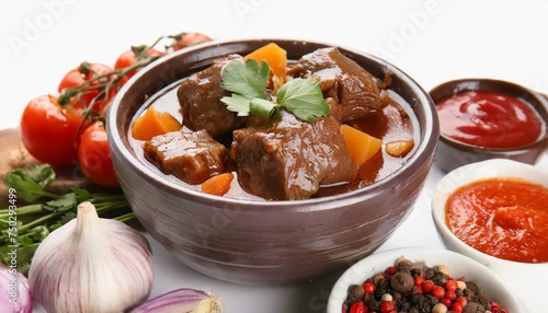 Bowl with delicious beef stew and different ingredients on white background