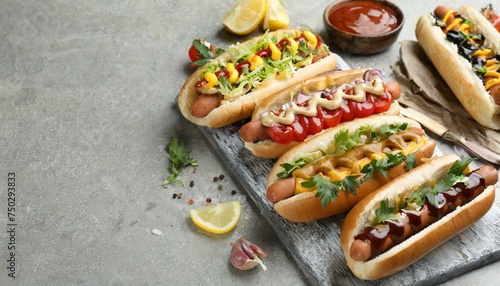 Delicious hot dogs with different toppings served on gray table, flat lay. Space for text