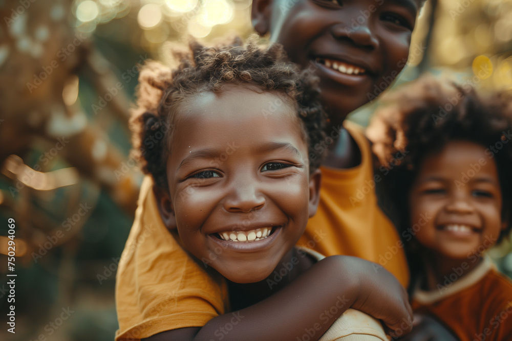 Three cheerful children in yellow shirts share a warm embrace, their smiles radiating happiness in a golden-hour glow Three cheerful children in yellow shirts share a warm embrace, their smiles radiating happiness in a golden-hour glow