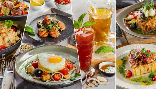 food collage of various of meals and drinks