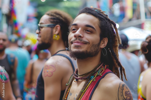 Portrait of a young man with dreadlocks and a nose piercing, radiating confidence at a colorful street festival