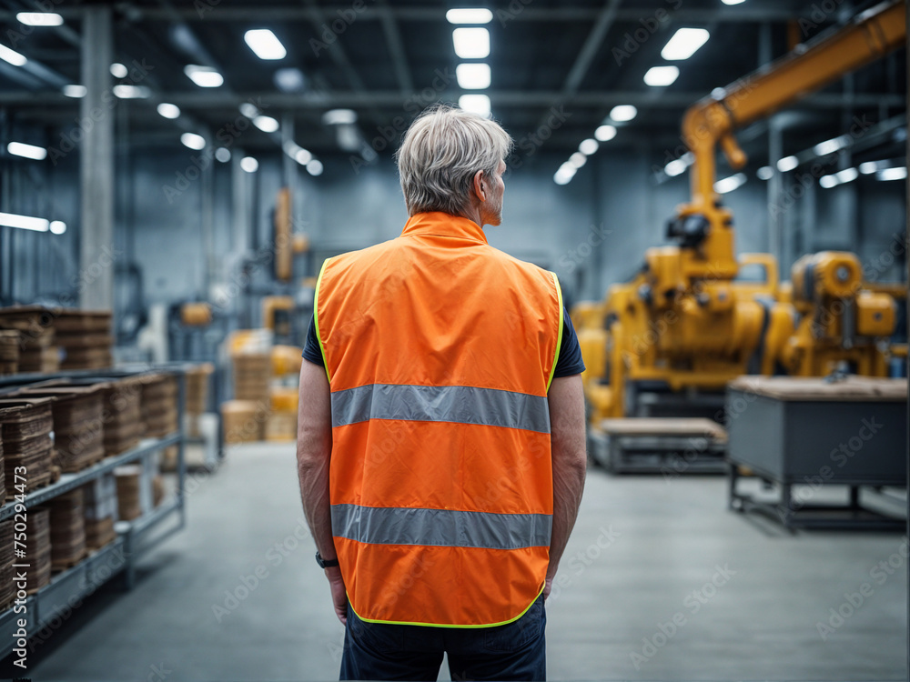 A working man wearing a security vest stands in factory A working man wearing a security vest stands in factory