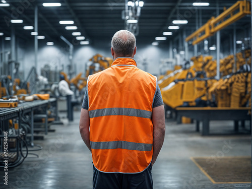 A working man wearing a security vest stands in factory