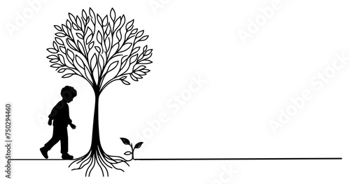 Continuous one black line art drawing Silhouette of children planting tree. Shovel digs roots plant into ground to save the world and earth day reduce global warming growth concept vector illustration