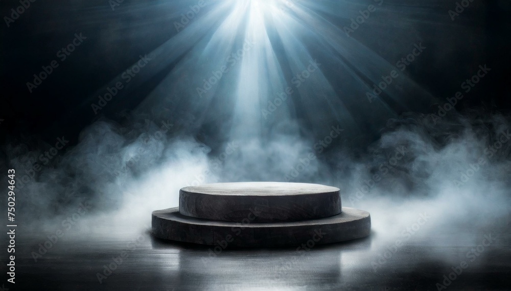 Podium black dark smoke background product platform abstract stage texture fog spotlight.