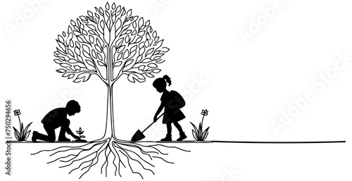 Continuous one black line art drawing Silhouette of children planting tree. Shovel digs roots plant into ground to save the world and earth day reduce global warming growth concept vector illustration