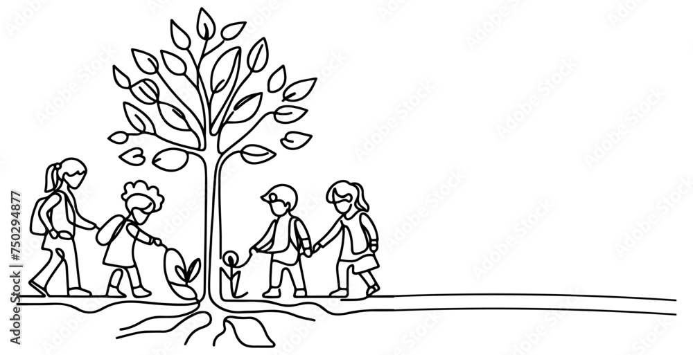 Continuous one black line art drawing Silhouette of children planting tree. Shovel digs roots plant into ground to save the world and earth day reduce global warming growth concept vector illustration