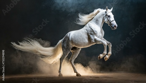 Standing and rearing silver white horse in studio interior dramatic lighting isolated on black background. © MAWLOUD