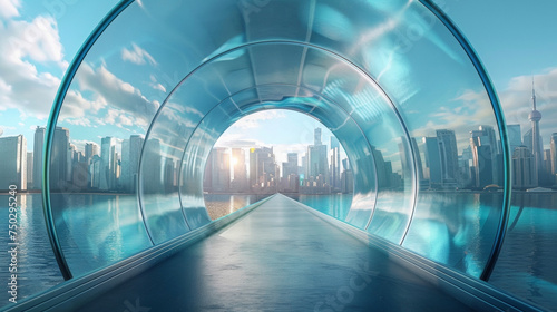 A mesmerizing view of the city skyline from inside a futuristic glass tunnel offering a surreal experience of being surrounded by the urban landscape.