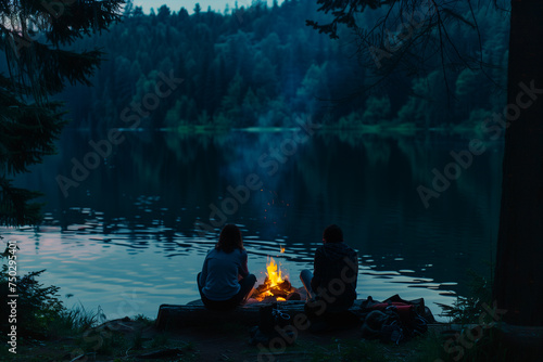Couple of friends enjoying around campfire in lake.