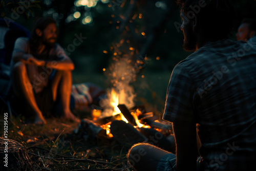 Group of friends enjoying around campfire