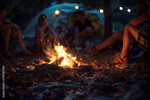Group of friends scene enjoying around campfire