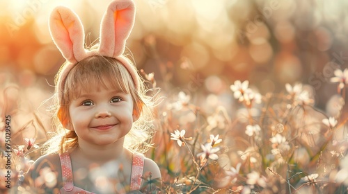 A cute little girl in bunny headband for Easter Egg day standing  in a flower garden with a space for text or product, Generative AI.