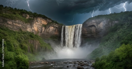 Waterfall during a thunderstorm with dramatic clouds and lightning in the background