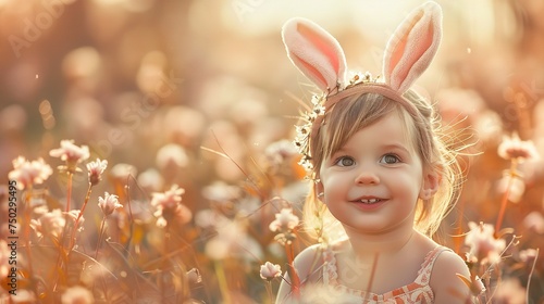A cute little girl in bunny headband for Easter Egg day standing in a flower garden with a space for text or product, Generative AI.