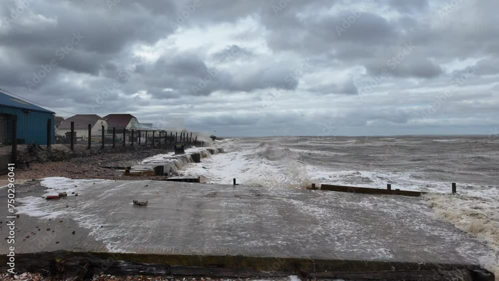 Storms, over 50mph gale force winds and high tides from the North Sea hit the English coastline at Seasalter, Nr Whitstable on the Kent coast of England on February 26th, 2024. Storms, over 50mph gale force winds and high tides from the North Sea hit the English coastline at Seasalter, Nr Whitstable on the Kent coast of England on February 26th, 2024.