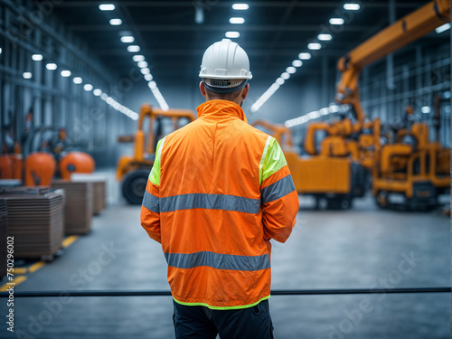A working man wearing a security vest stands in factory