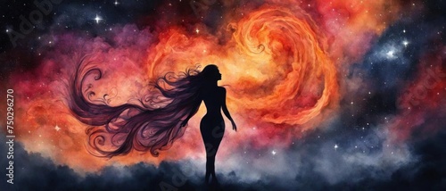 The image is a painting of a person with a fire explosion in the background, set in outer space or the universe. 