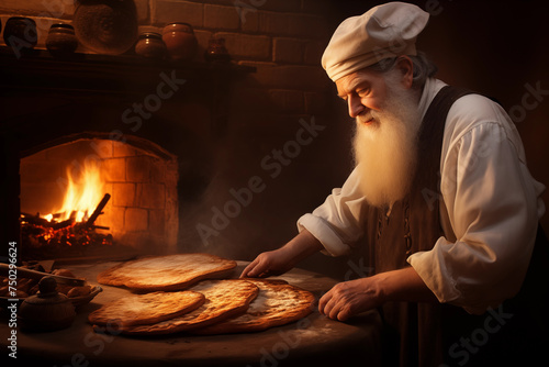 AI generation. An Orthodox Jew prepares homemade kosher matzo in the fire oven. AI generation. photo