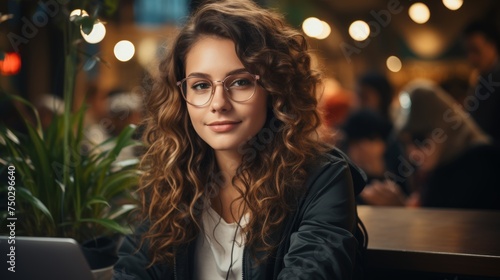 A happy young woman with a laptop sitting in a coffee shop, the portrait image showcasing a modern professional working remotely 