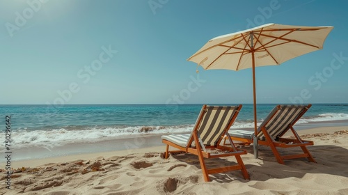 Two sun loungers and an umbrella on the beach in the sun. Hello summer! © kvladimirv