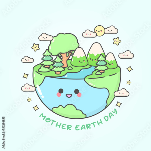 mother earth day mountain nature with cute facial expressions and pastel colour