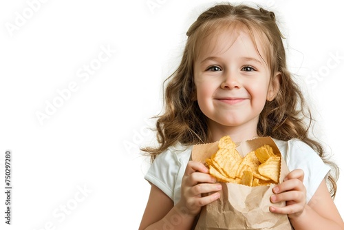 A little girl holding chips packet against a white backdrop a brown chips packet mockup with space for text  Generative AI.