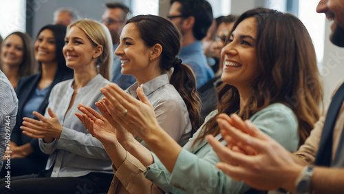 background photo of young people applauding in the conference room, Applauding people. Happy satisfied audience joyfully applauding during business conference or seminar.