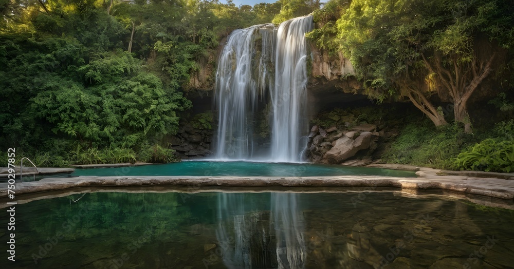 Fototapeta premium Waterfall reflection in a calm pool of water during the early hours of the day