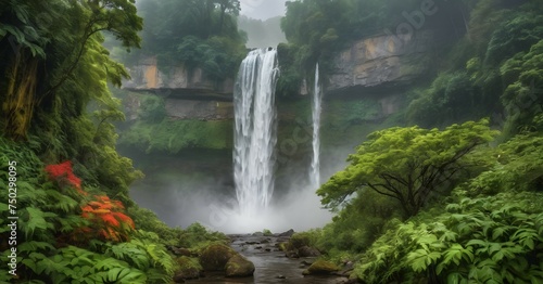 Waterfall shrouded in mist and surrounded by lush and vibrant colors in rainy weather