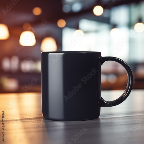 Blank black mug on wooden table with blurred and bokeh background