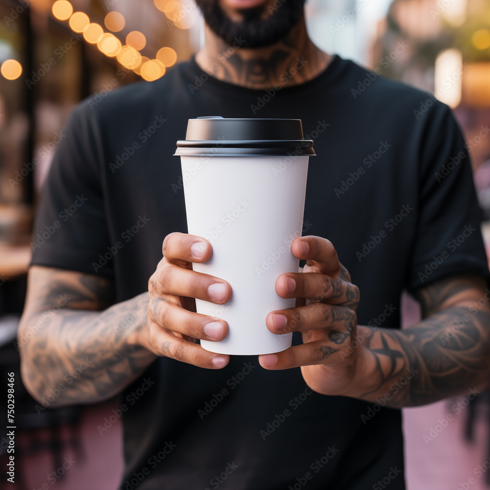 Close up of man hands holding blank white coffee cup mockup at outdoor food court background Close up of man hands holding blank white coffee cup mockup at outdoor food court background