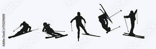 Vector set silhouette of ski. Winter sport, extreme sport concept. Isolated background. Vector illustration.