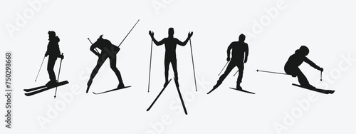 Vector set silhouette of ski. Winter sport, extreme sport concept. Isolated background. Vector illustration.