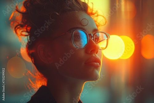 a woman wearing a pair of glasses with lights in the background