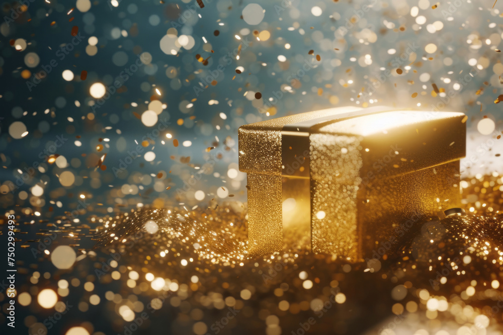 A gold box, adorned with confetti rays, is presented on a background, showcasing a bokeh effect, wrapped aesthetics, and dark cyan and beige colors. A gold box, adorned with confetti rays, is presented on a background, showcasing a bokeh effect, wrapped aesthetics, and dark cyan and beige colors.