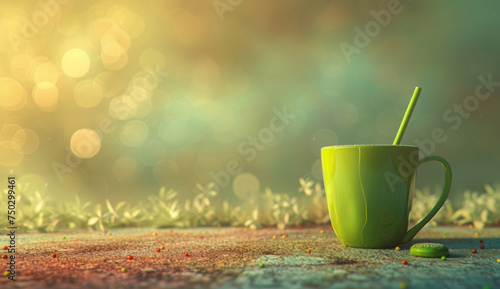 A green tea cup, with a green straw, is presented on a natural background, showcasing a bokeh panorama, dotted aesthetics, topographic photography, and futuristic aesthetics.