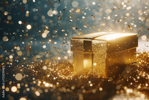 A gold box, adorned with confetti rays, is presented on a background, showcasing a bokeh effect, wrapped aesthetics, and dark cyan and beige colors. photo